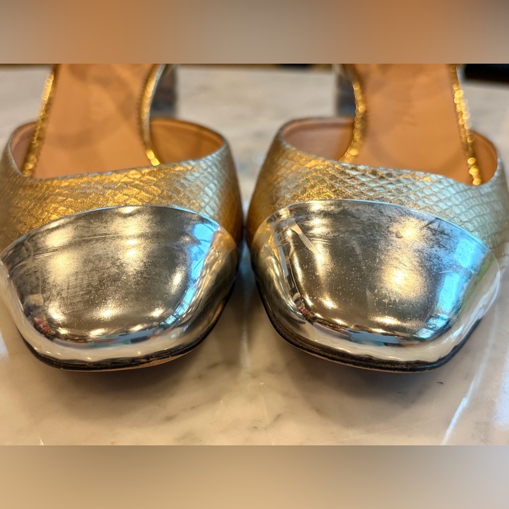 J Crew Millie maryjane heels, snake-embossed gold leather, silver cap toes,8.5 - Picture 11 of 16